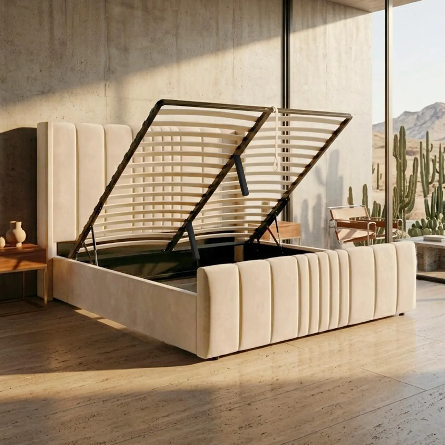 Lit complet avec sommier relevable prises USB et lumières intégrées Line 180x200cm Velours Beige