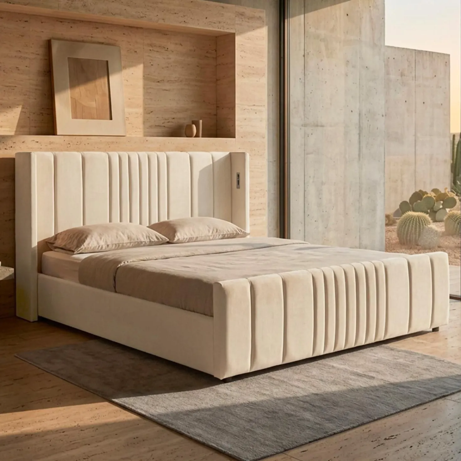Lit complet avec sommier relevable prises USB et lumières intégrées Line 180x200cm Velours Beige