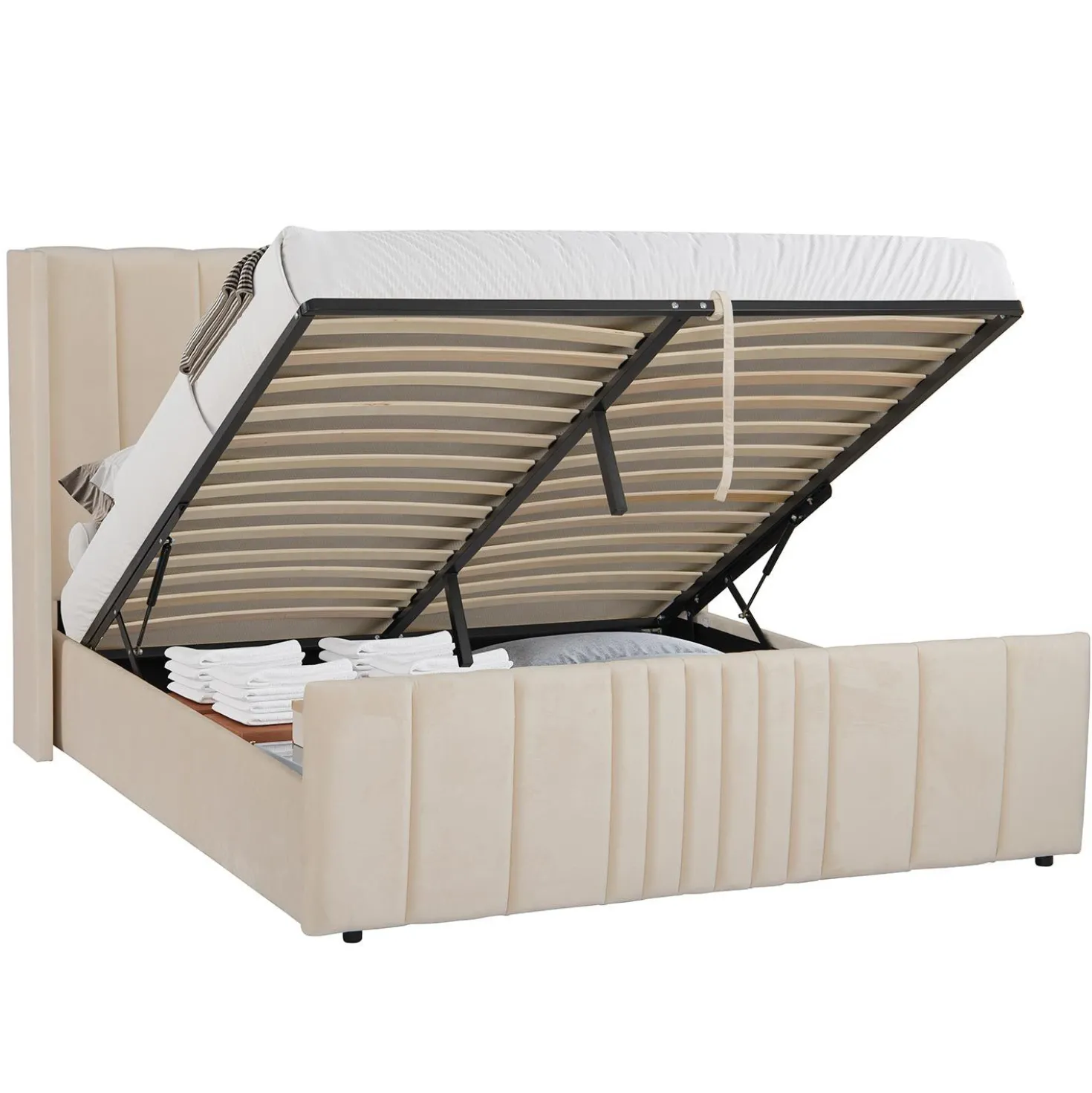 Lit complet avec sommier relevable prises USB et lumières intégrées Line 180x200cm Velours Beige
