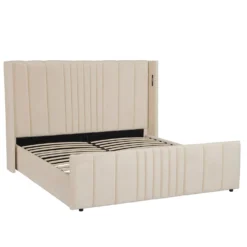 Lit complet avec sommier relevable prises USB et lumières intégrées Line 180x200cm Velours Beige