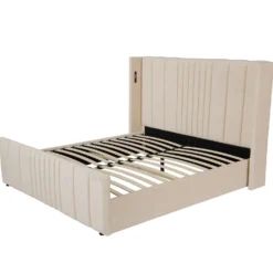Lit complet avec sommier relevable prises USB et lumières intégrées Line 180x200cm Velours Beige