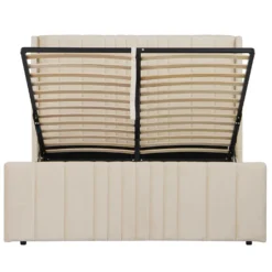 Lit complet avec sommier relevable prises USB et lumières intégrées Line 160x200cm Velours Beige