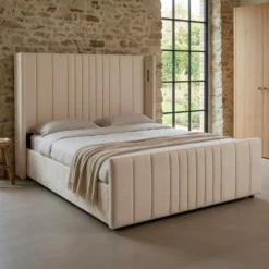 Lit complet avec sommier relevable prises USB et lumières intégrées Line 160x200cm Velours Beige
