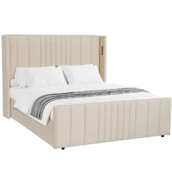 Lit complet avec sommier relevable prises USB et lumières intégrées Line 160x200cm Velours Beige