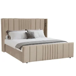 Lit complet avec sommier relevable prises USB et lumières intégrées Line 180x200cm Velours Taupe