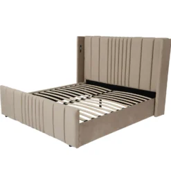 Lit complet avec sommier relevable prises USB et lumières intégrées Line 180x200cm Velours Taupe