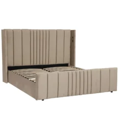 Lit complet avec sommier relevable prises USB et lumières intégrées Line 180x200cm Velours Taupe