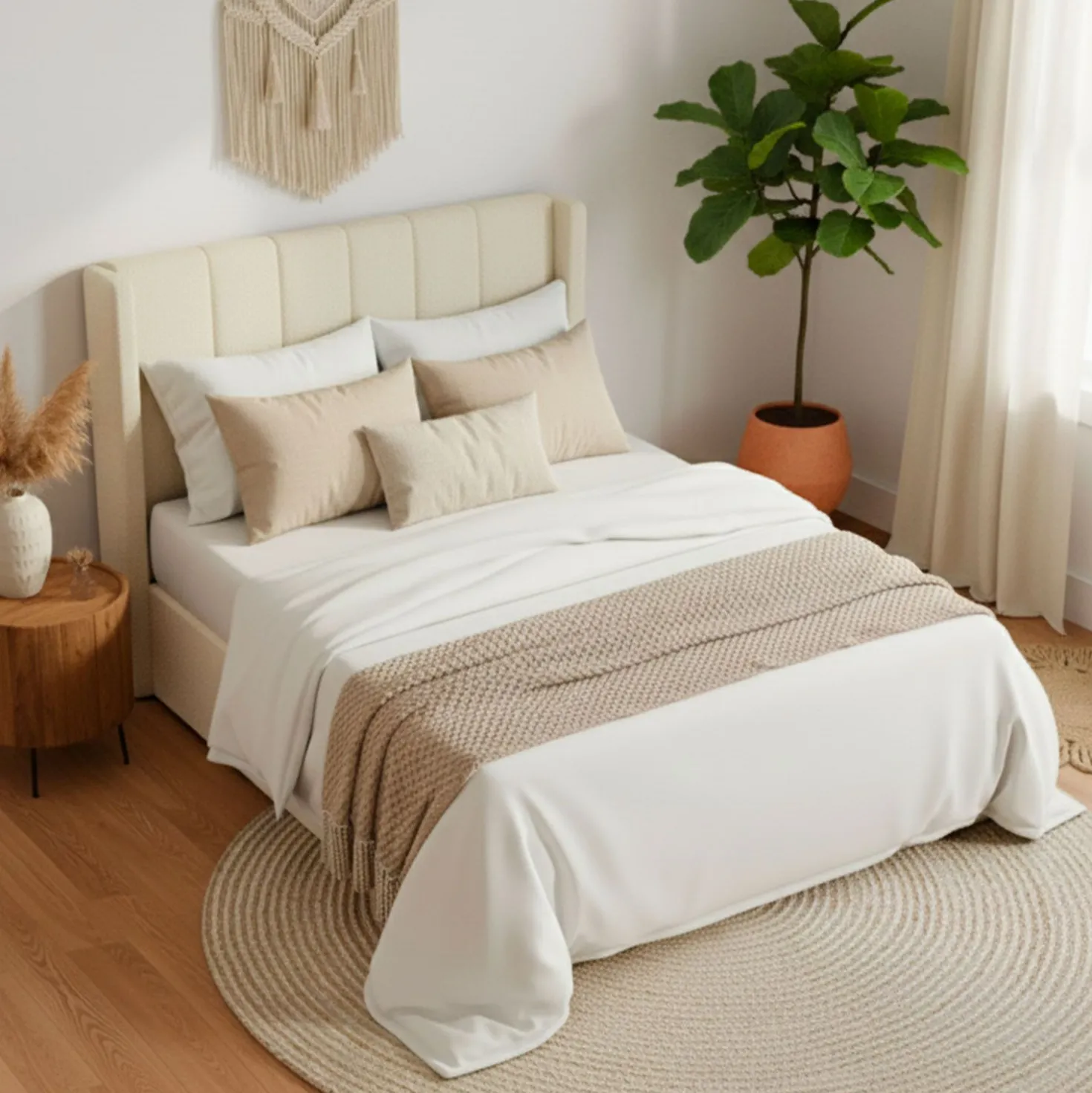 Lit double Magorial avec sommier relevable 140x190cm Tissu bouclette Crème