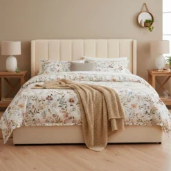 Lit double Magorial avec sommier relevable 180x200cm Tissu Bouclette Crème