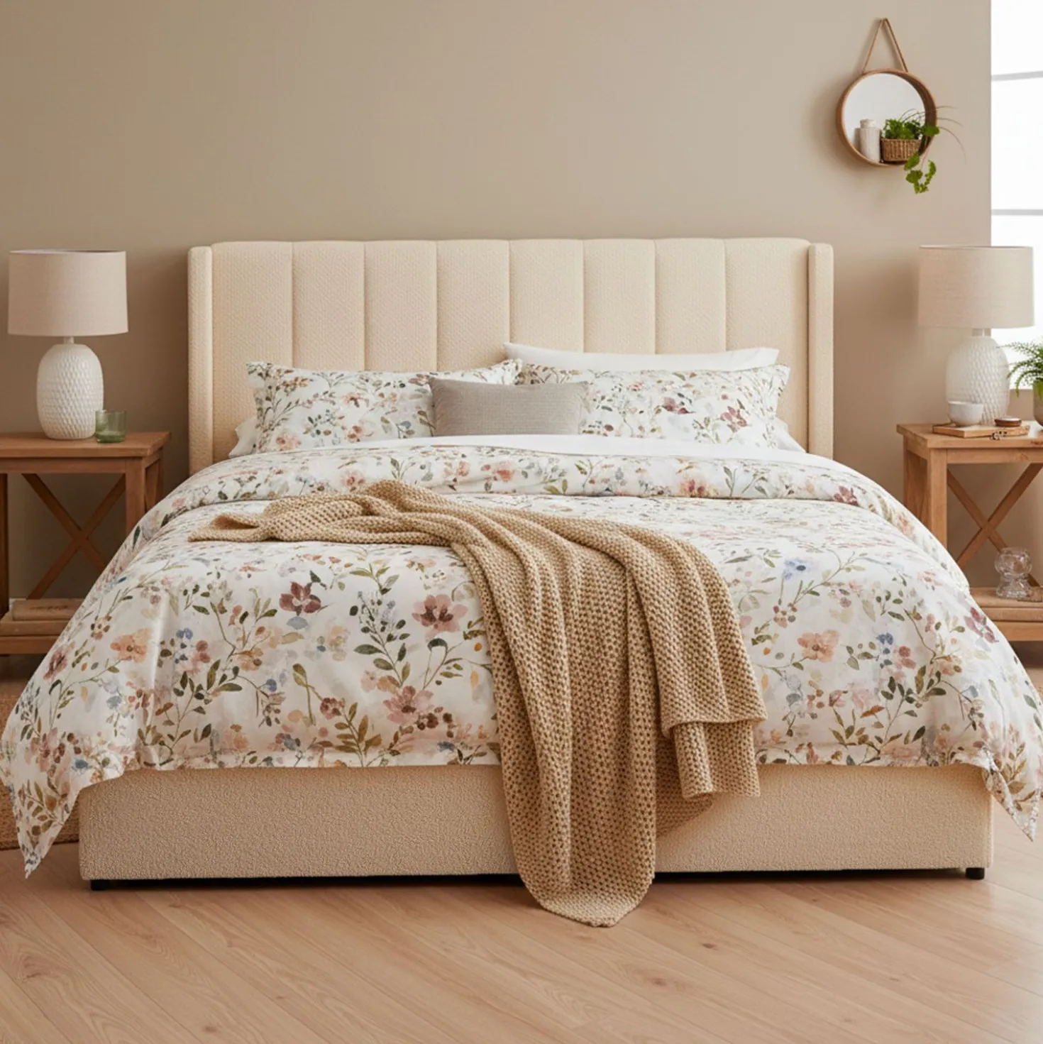 Lit double Magorial avec sommier relevable 180x200cm Tissu Bouclette Crème