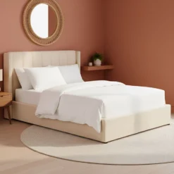 Lit double Magorial avec sommier relevable 160x200cm Tissu Bouclette Crème