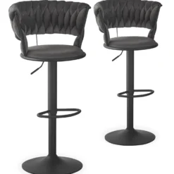 Lot de 2 chaises de bar dossier arrondi style maillage Xenox Velours Gris et Métal Noir