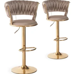 Lot de 2 chaises de bar dossier arrondi style maillage Xenox Velours Taupe et Métal Or