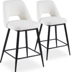 Lot de 2 chaises de bar Ecuador Métal Noir et Tissu bouclette Crème