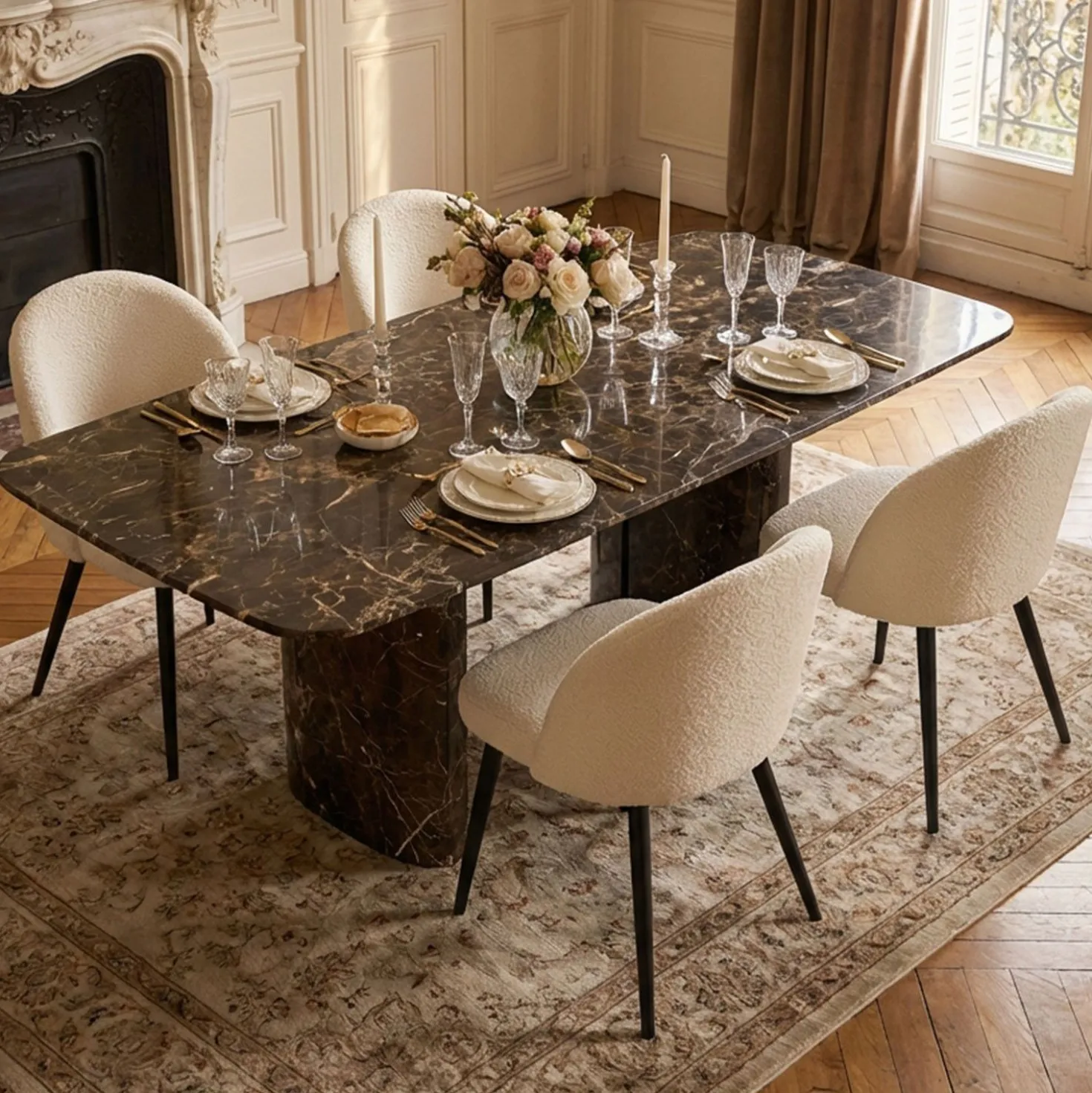 Lot de 4 chaises Maury Métal noir et Tissu bouclette Crème