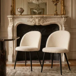 Lot de 2 chaises Maury Métal noir et Tissu bouclette Crème