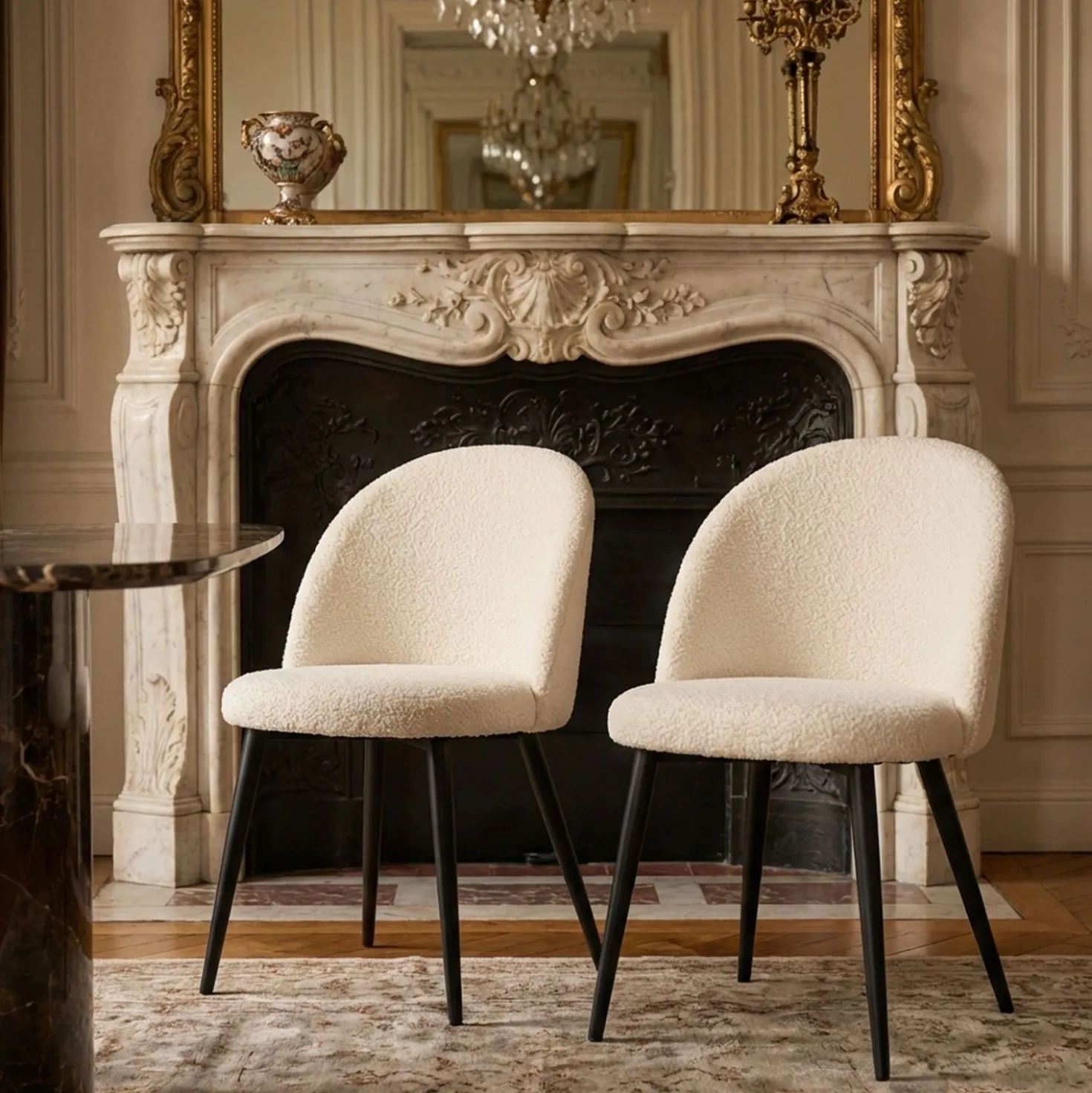 Lot de 2 chaises Maury Métal noir et Tissu bouclette Crème
