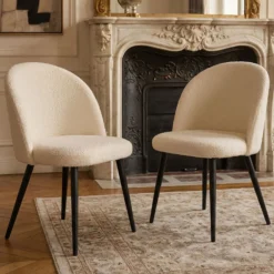 Lot de 2 chaises Maury Métal noir et Tissu bouclette Crème