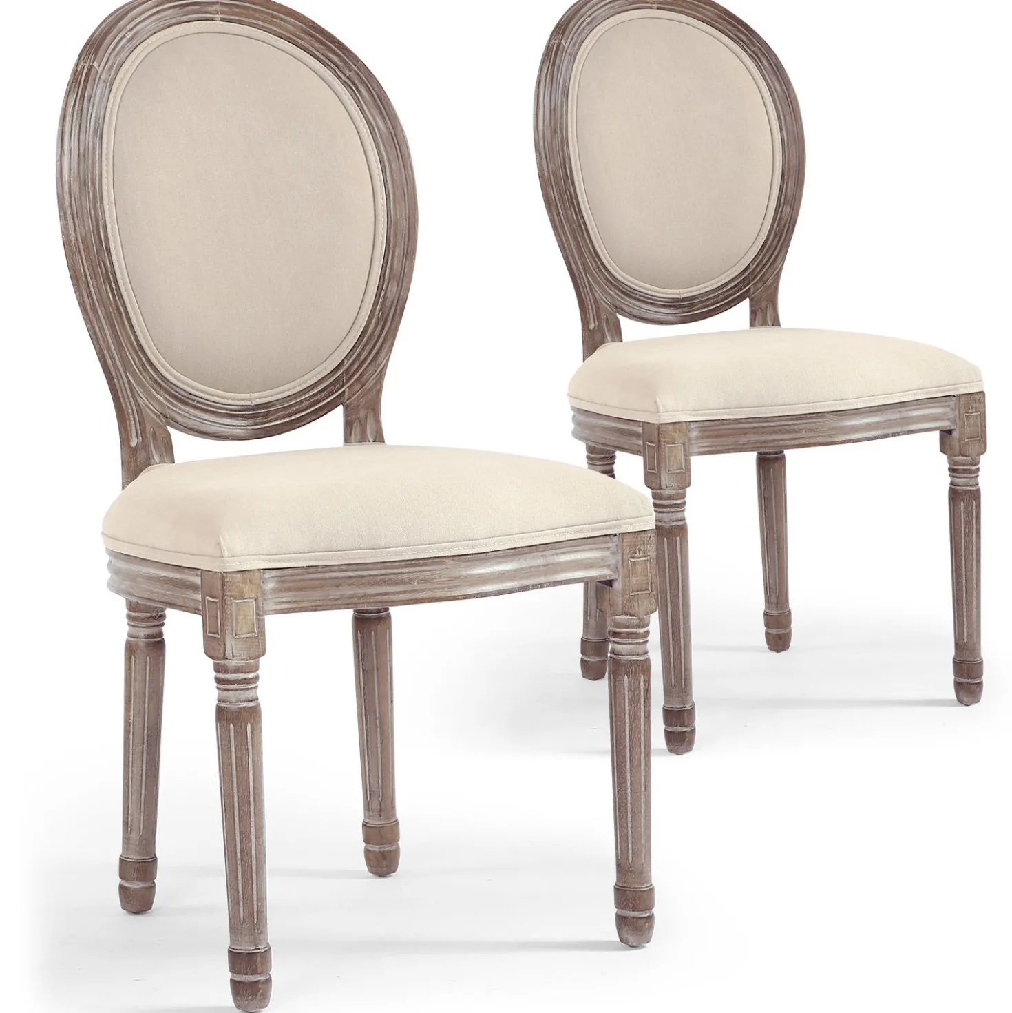 Lot de 2 chaises médaillon style Louis XVI Bois massif patiné et Tissu Beige
