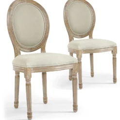 Lot de 2 chaises médaillon style Louis XVI Bois massif patiné clair et Tissu Beige