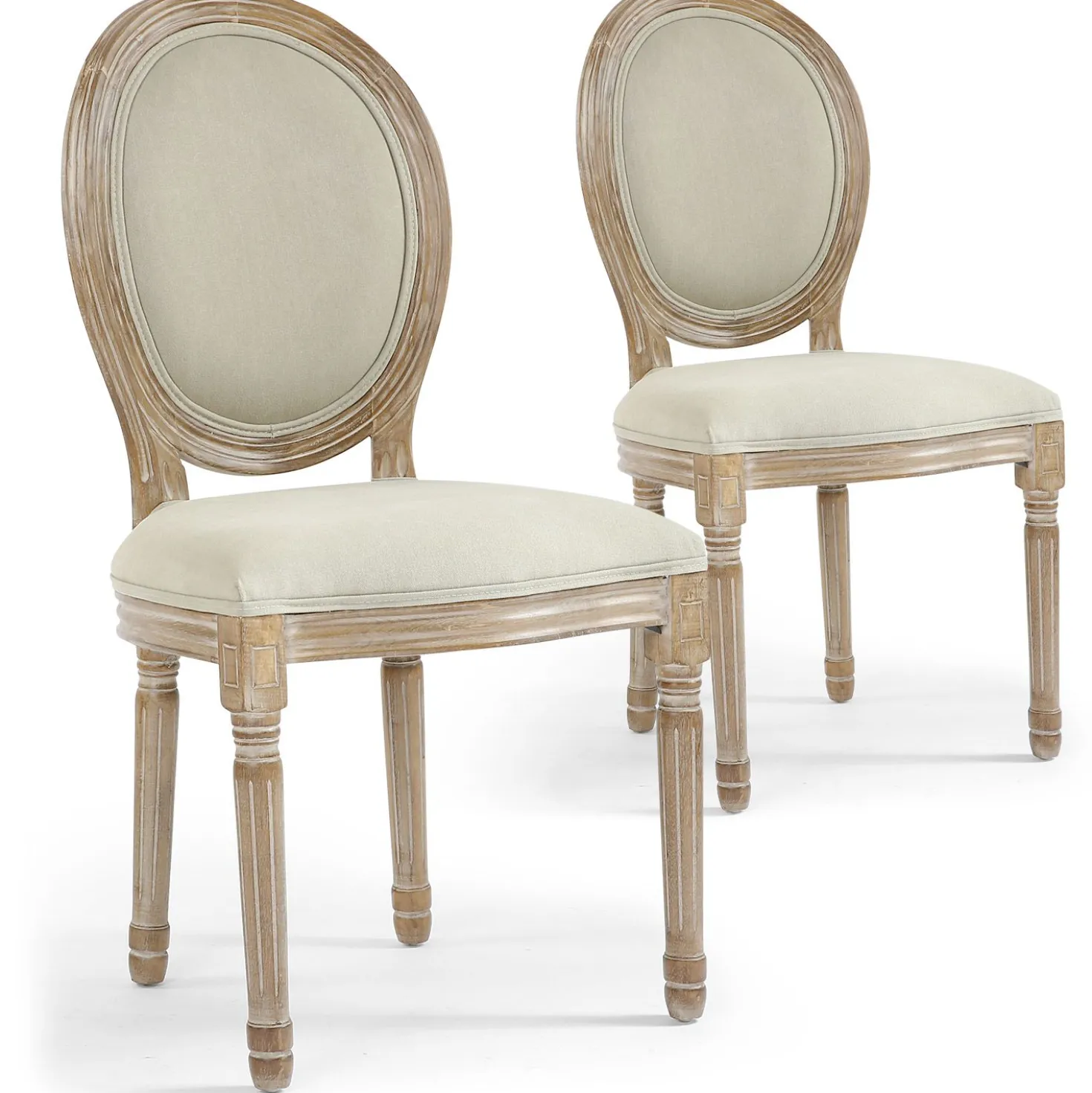Lot de 2 chaises médaillon style Louis XVI Bois massif patiné clair et Tissu Beige