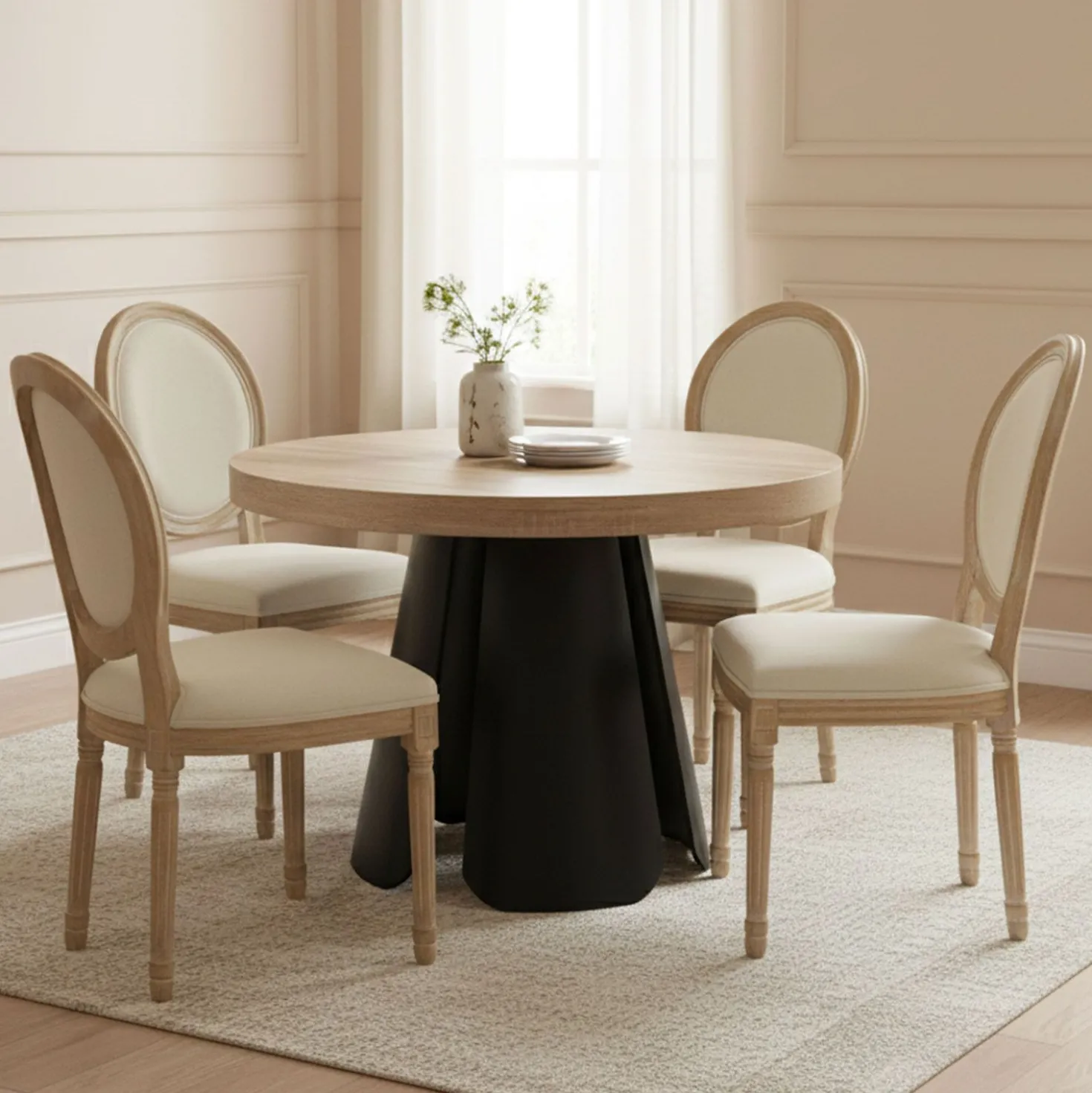 Lot de 2 chaises médaillon style Louis XVI Bois massif patiné clair et Tissu Beige