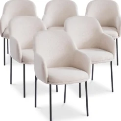 Lot de 6 chaises modernes matelassées Inaya Métal Noir et Tissu Beige