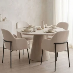 Lot de 8 chaises modernes matelassées Inaya Métal Noir et Tissu Beige