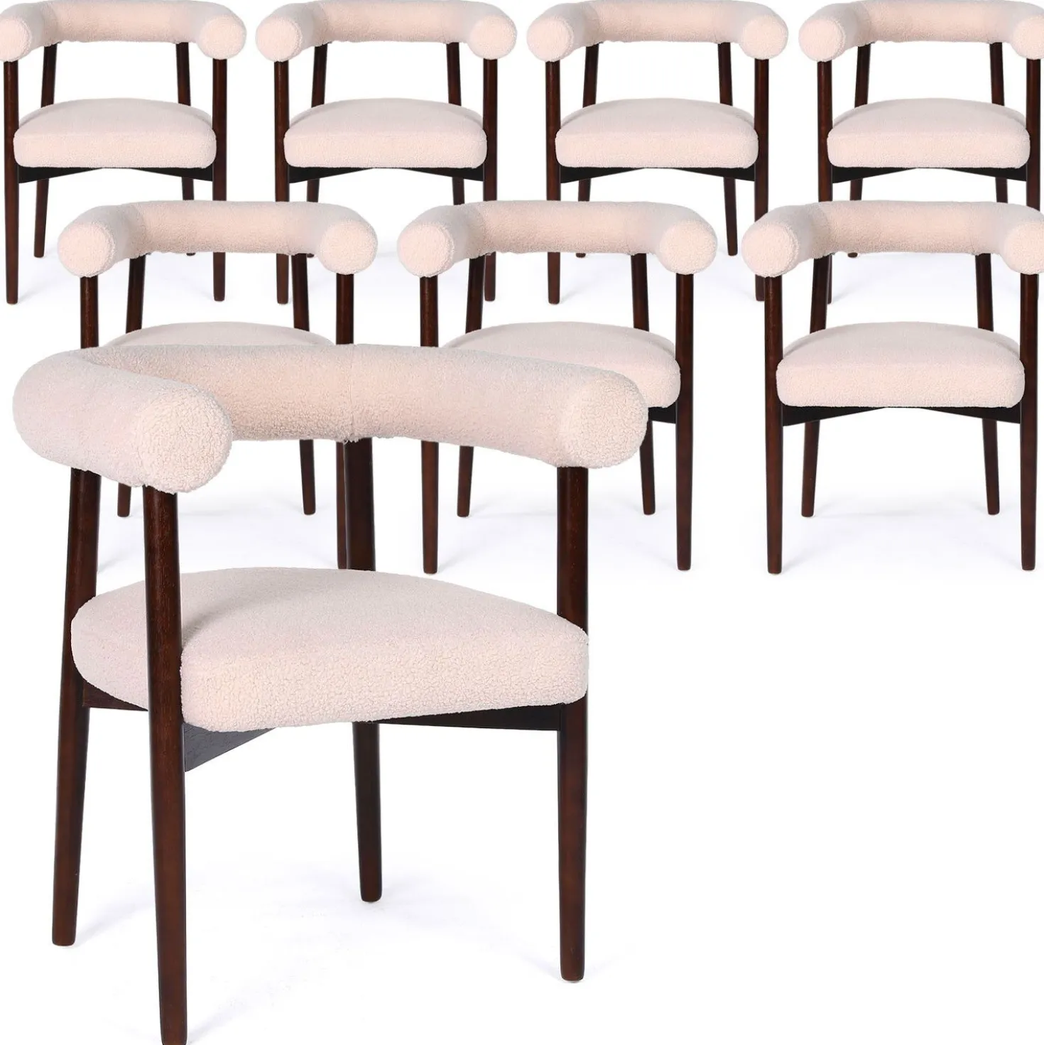 Lot de 8 chaises style scandinave chic Bringo Bois foncé et Tissu bouclette Beige