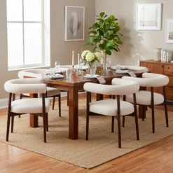 Lot de 8 chaises style scandinave chic Bringo Bois foncé et Tissu bouclette Beige