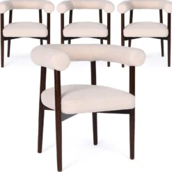 Lot de 4 chaises style scandinave chic Bringo Bois foncé et Tissu bouclette Beige