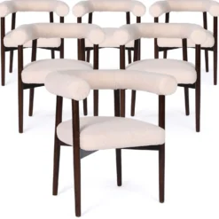 Lot de 6 chaises style scandinave chic Bringo Bois foncé et Tissu bouclette Beige