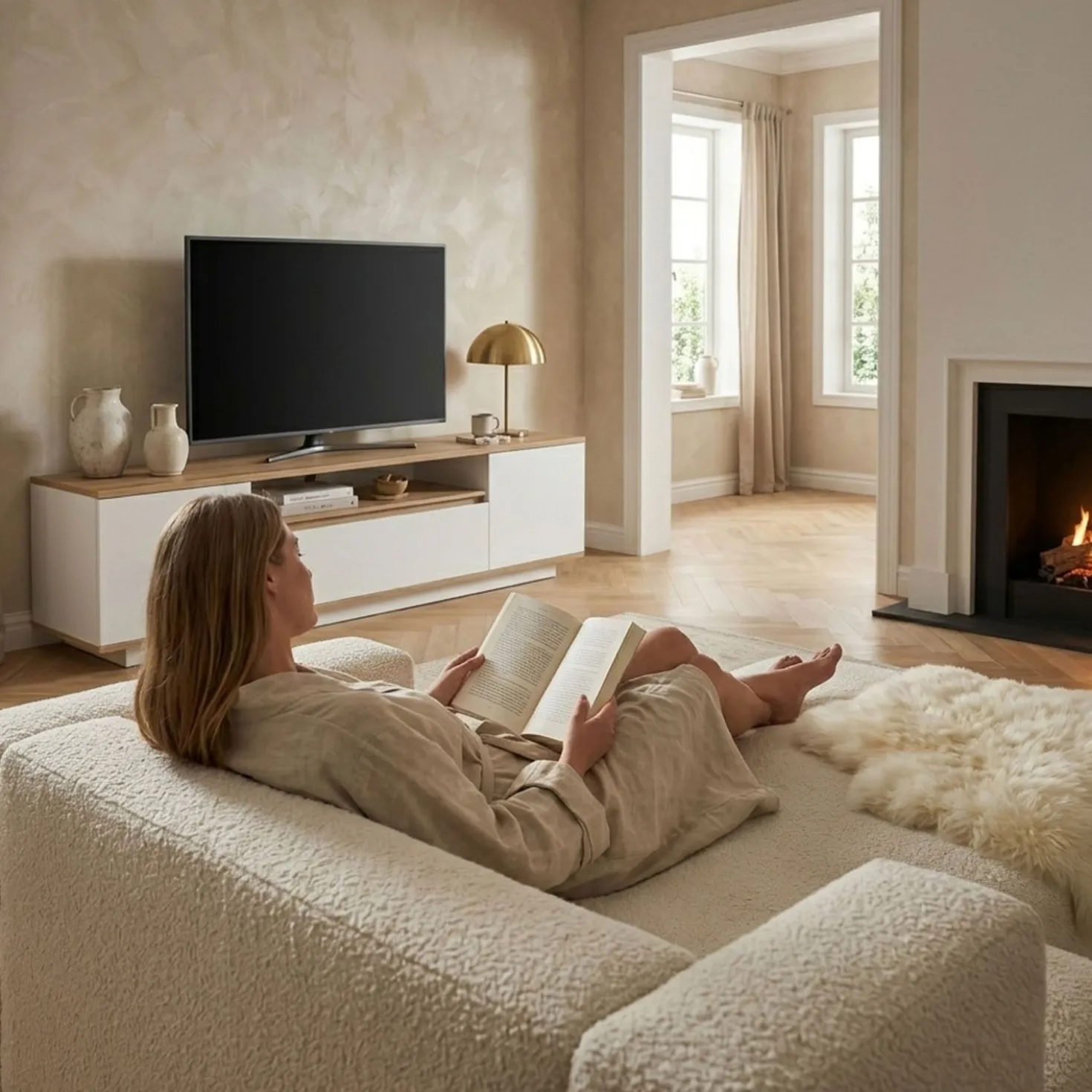 Meuble TV au design linéaire Iliade L180cm Bois clair et Blanc