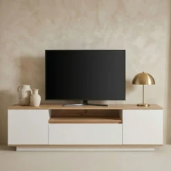 Meuble TV au design linéaire Iliade L180cm Bois clair et Blanc