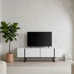 Meuble TV moderne avec 2 portes Valmain L180cm Blanc et Métal Noir
