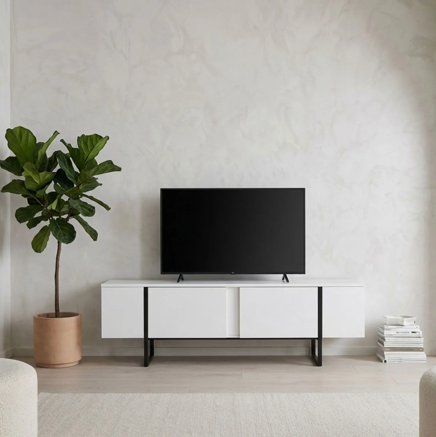 Meuble TV moderne avec 2 portes Valmain L180cm Blanc et Métal Noir