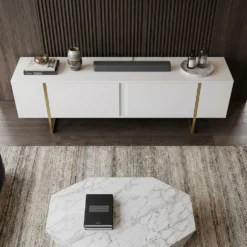 Meuble TV moderne avec 2 portes Valmain L180cm Blanc et Métal Or