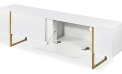 Meuble TV moderne avec 2 portes Valmain L180cm Blanc et Métal Or