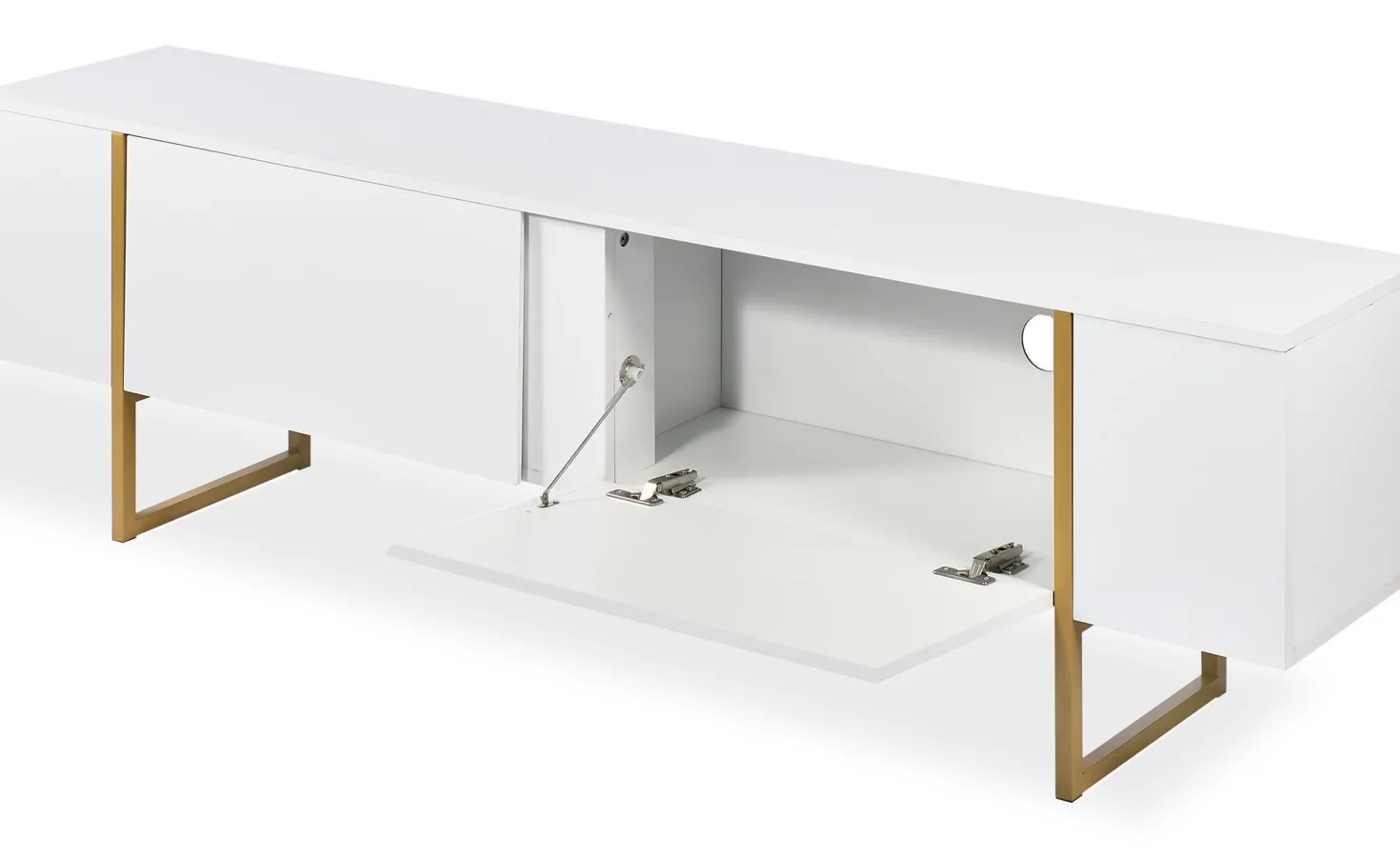 Meuble TV moderne avec 2 portes Valmain L180cm Blanc et Métal Or