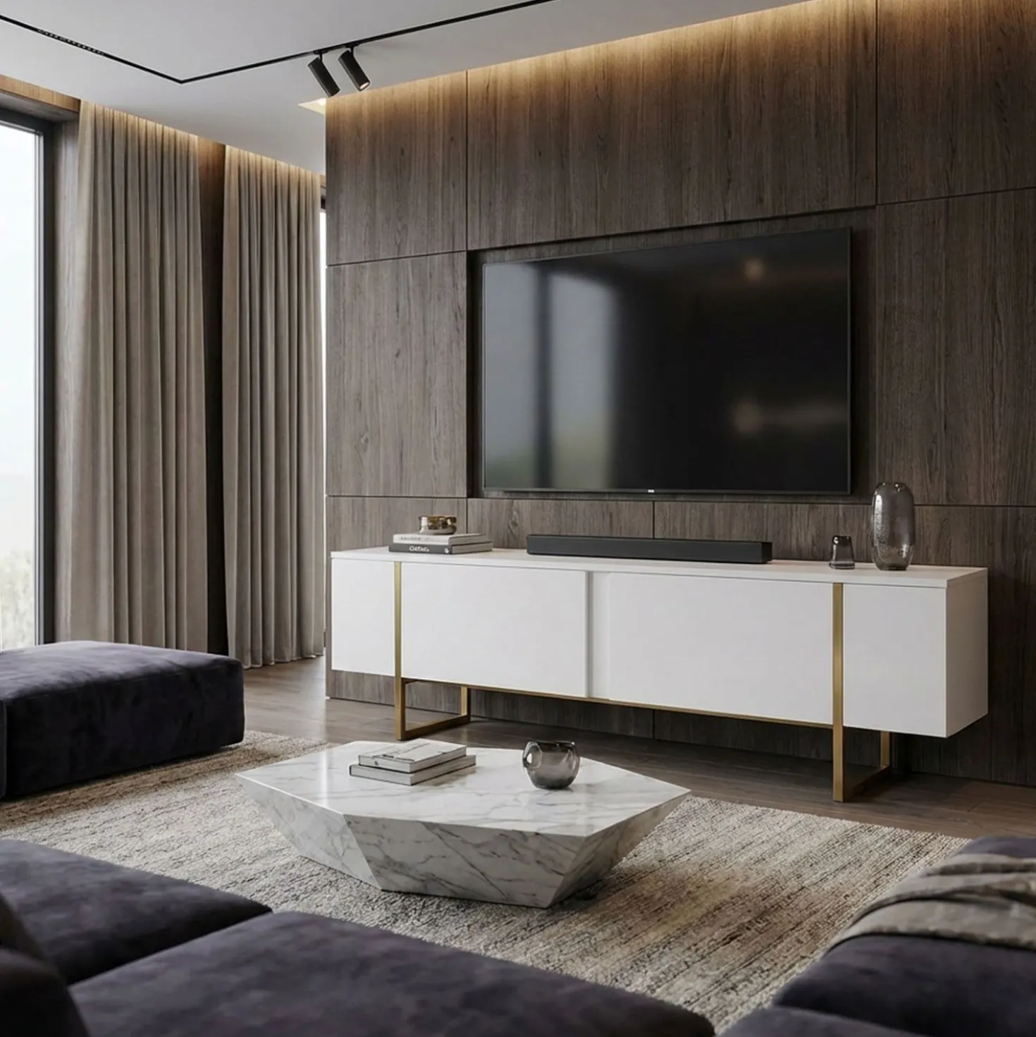 Meuble TV moderne avec 2 portes Valmain L180cm Blanc et Métal Or