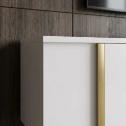 Meuble TV moderne avec 2 portes Valmain L180cm Blanc et Métal Or