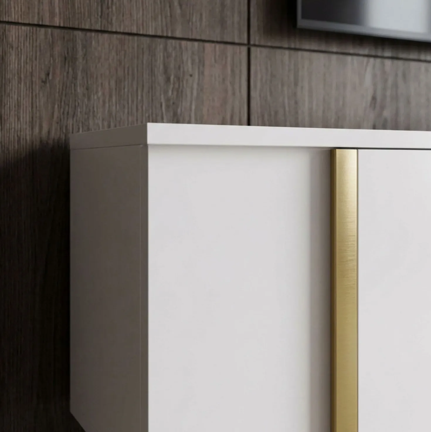 Meuble TV moderne avec 2 portes Valmain L180cm Blanc et Métal Or