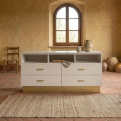 Meuble TV moderne 4 tiroirs Nestor Taupe clair et Or
