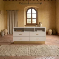 Meuble TV moderne 4 tiroirs Nestor Taupe clair et Or