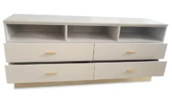 Meuble TV moderne 4 tiroirs Nestor Taupe clair et Or