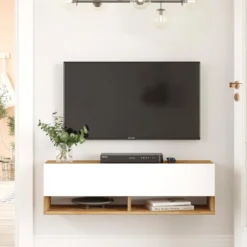 Meuble TV mural avec 1 porte basculante Pino L100cm Bois clair et Blanc