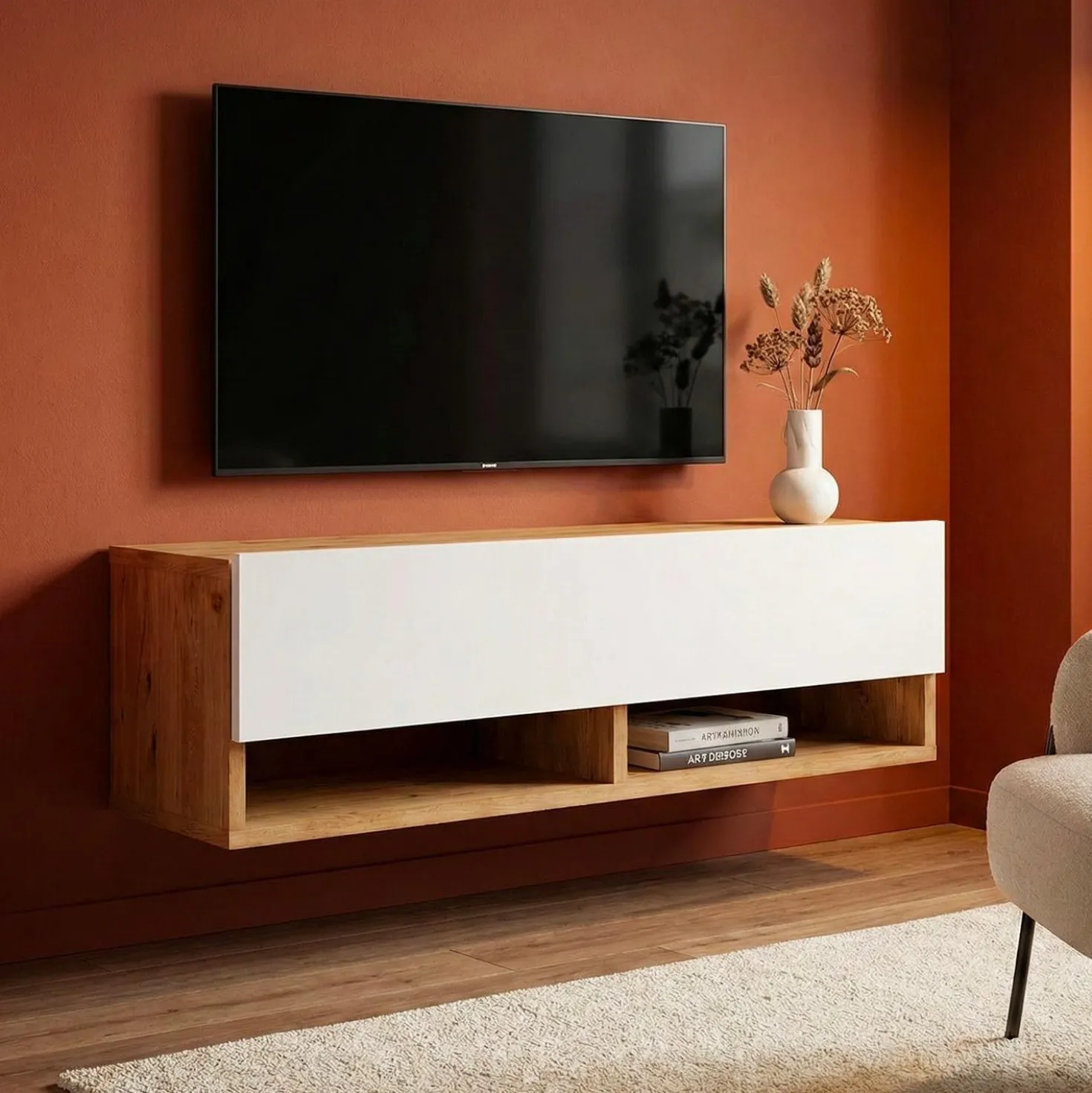 Meuble TV mural avec 1 porte basculante Pino L100cm Bois clair et Blanc