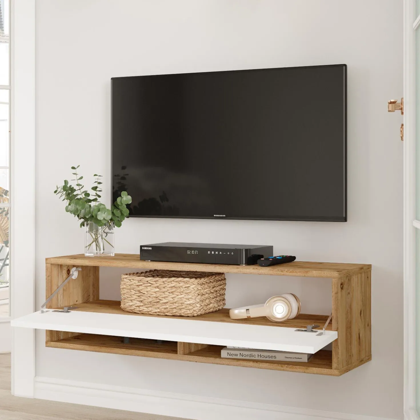Meuble TV mural avec 1 porte basculante Pino L100cm Bois clair et Blanc