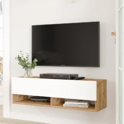 Meuble TV mural avec 1 porte basculante Pino L100cm Bois clair et Blanc
