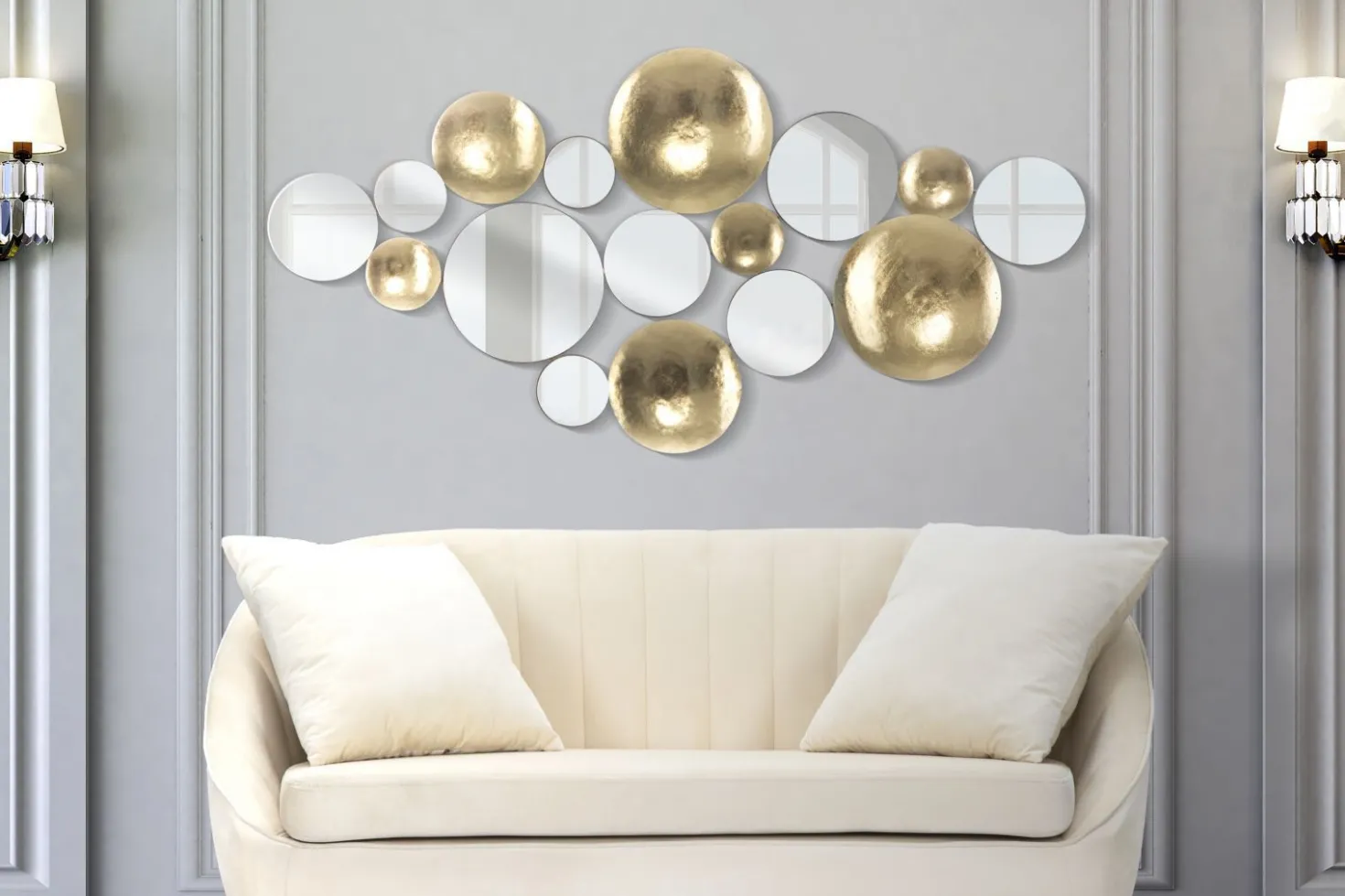 Miroir décoratif en métal doré formes géométriques et verre